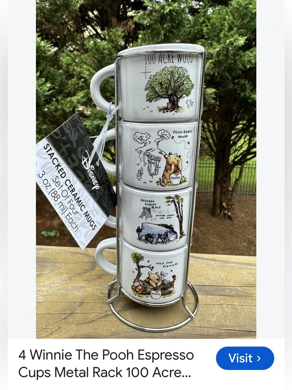 #3096**Disney Winnie the Pooh Stacked Ceramic Espresso Mugs in White and Green
